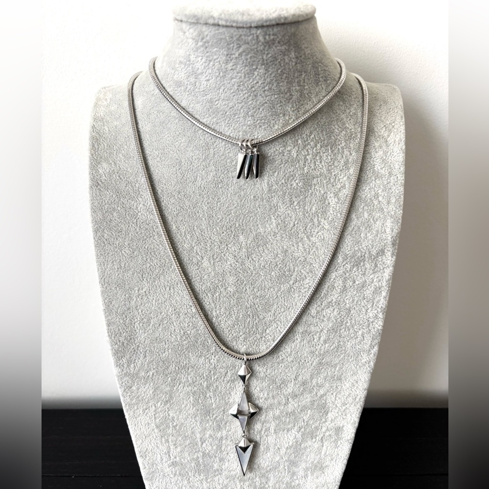 NWOT nOir Jewelry Milky Glow Necklace, Rhodium Plated Double Row w Opal Pendants